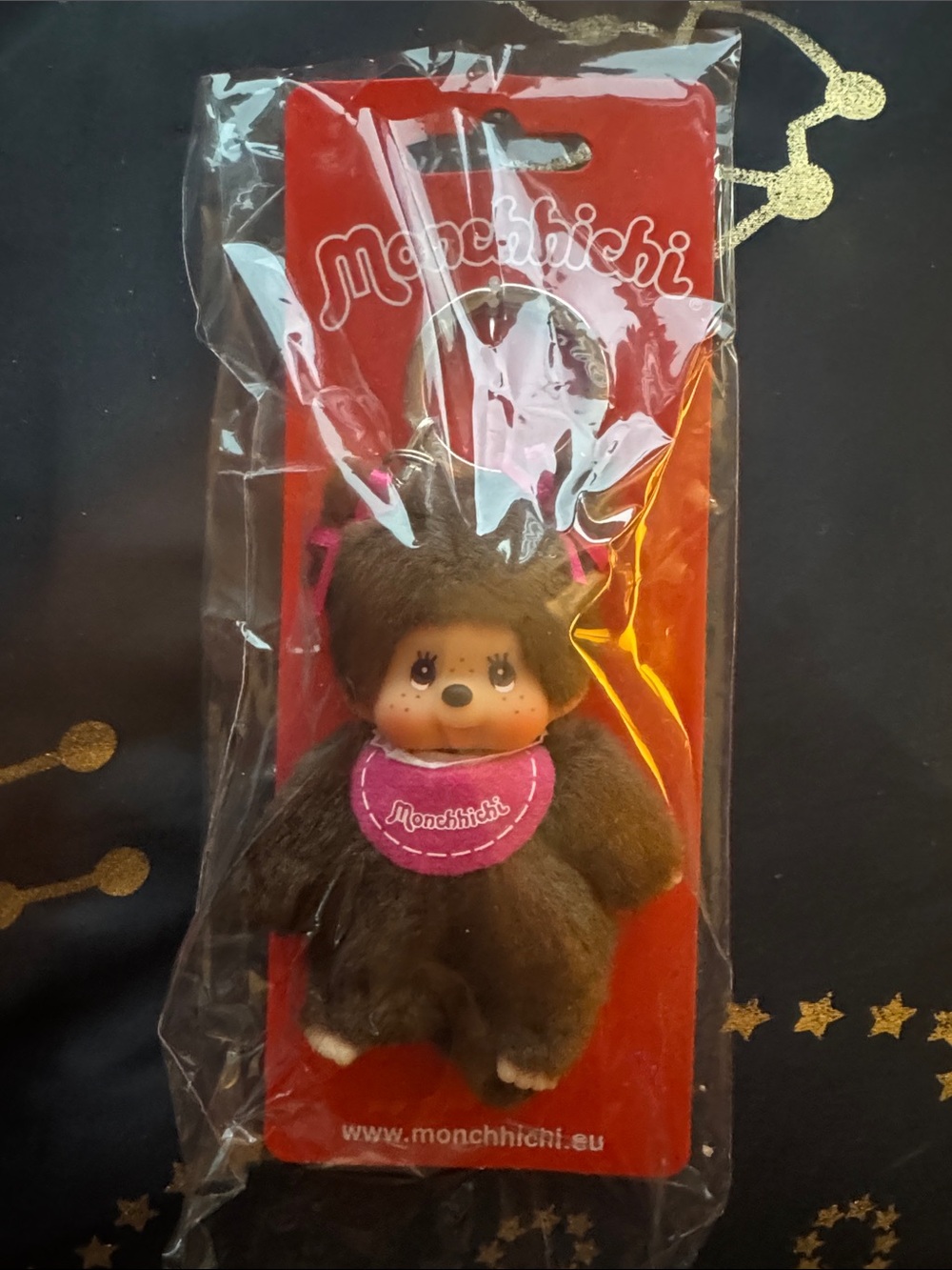 Monchhichi Brown Plush Keychain with Pink Bib